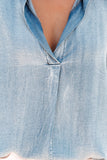 Split V-Neck Balloon Sleeve Ruched Denim Top