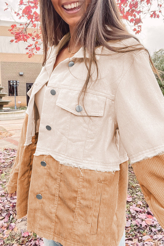 Two Toned Colorblock Cord Chambray Flap Pockets Jacket