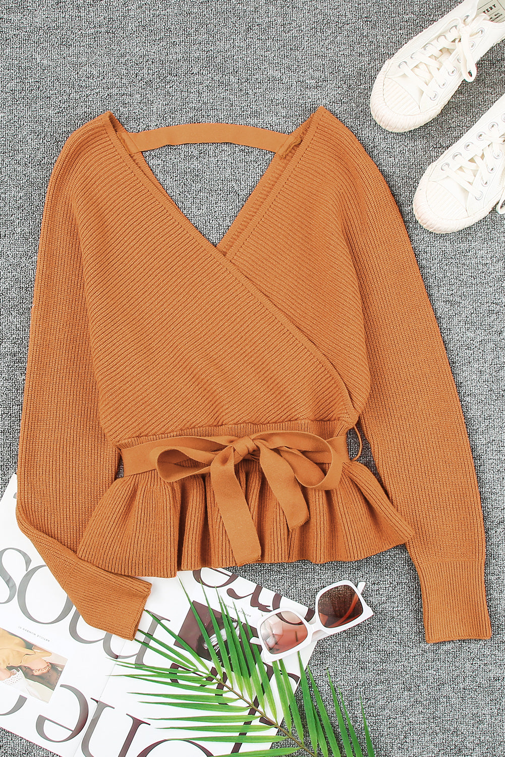 Rib Knit Surplice Neck Belted Peplum Sweater