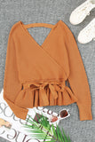 Rib Knit Surplice Neck Belted Peplum Sweater