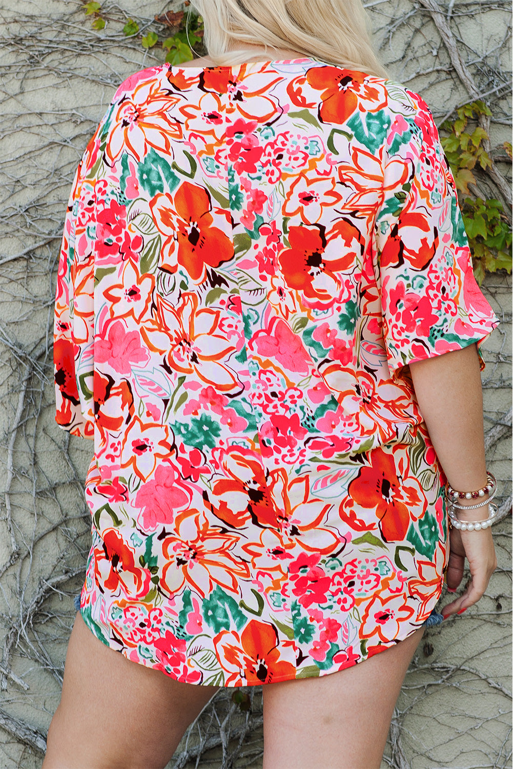 Plus Size Floral Print Kimono Sleeve Shirt