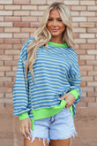 Sky Blue Stripe Contrast Trim High Low Pullover Tunic Sweatshirt