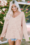 Waffled Knit Long Sleeve V-Neck Frayed Top