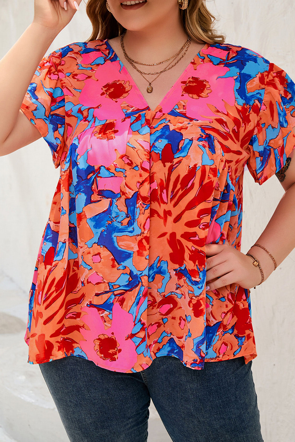 Abstract Print V Neck Flutter Sleeve Blouse