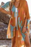 Abstract Print Open Front Kimono with Slits