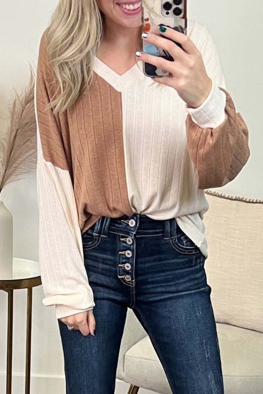 Color Block Wide Ribbed V Neck Top