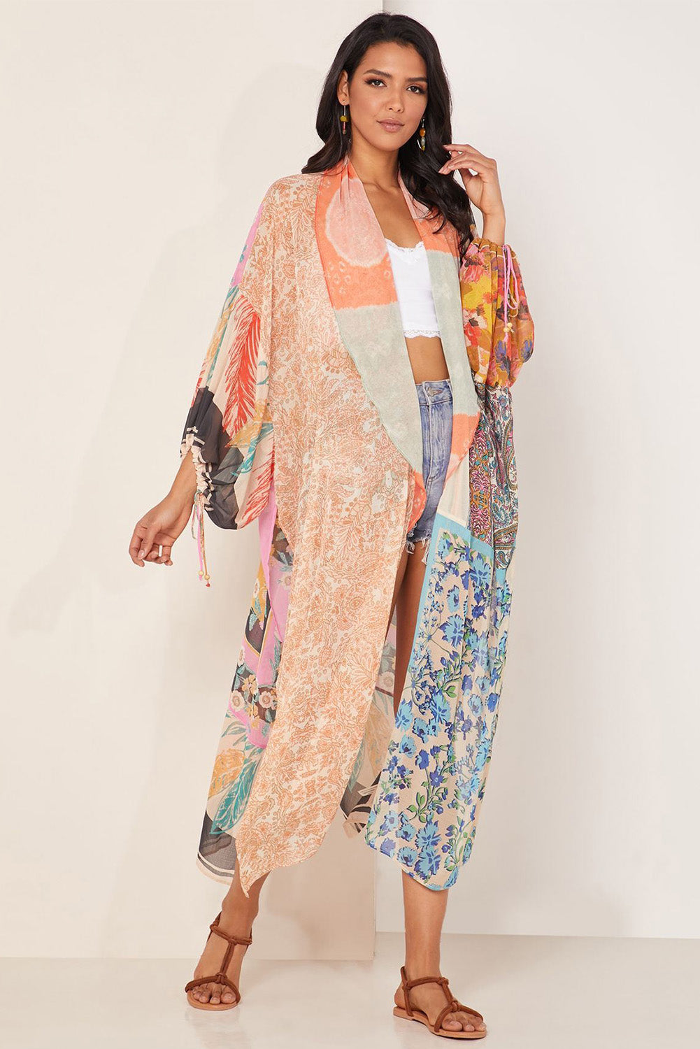 Bohemian Patchwork Print Drawstring Puff Sleeve Kimono