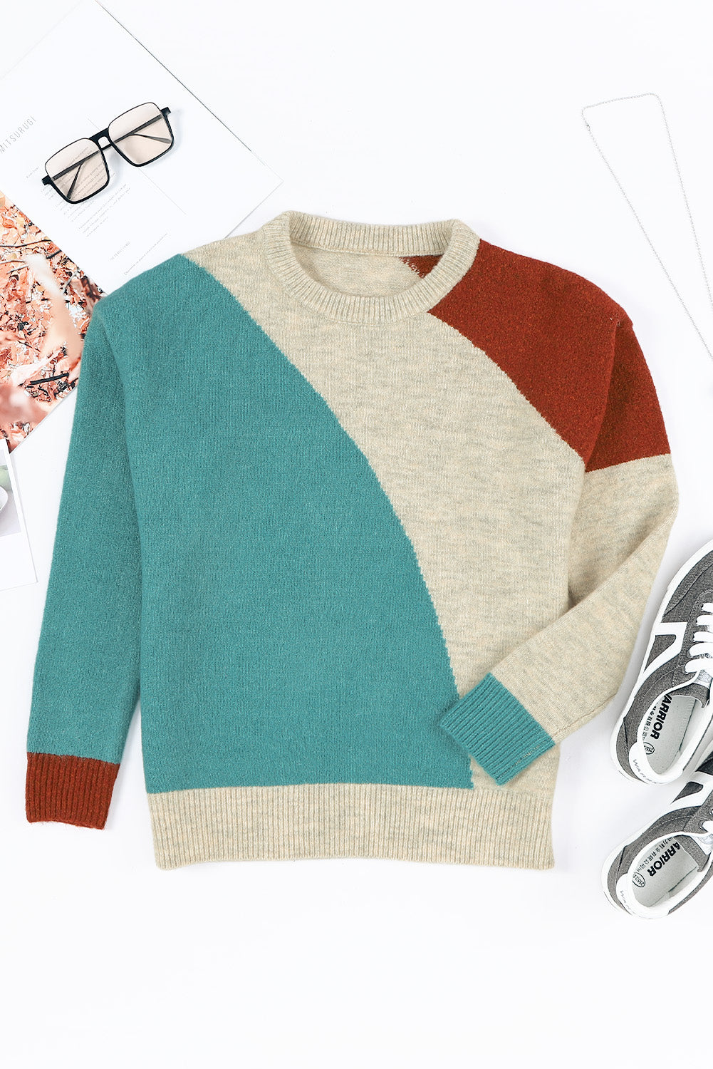 Colorblock Ribbed Trim Round Neck Sweater