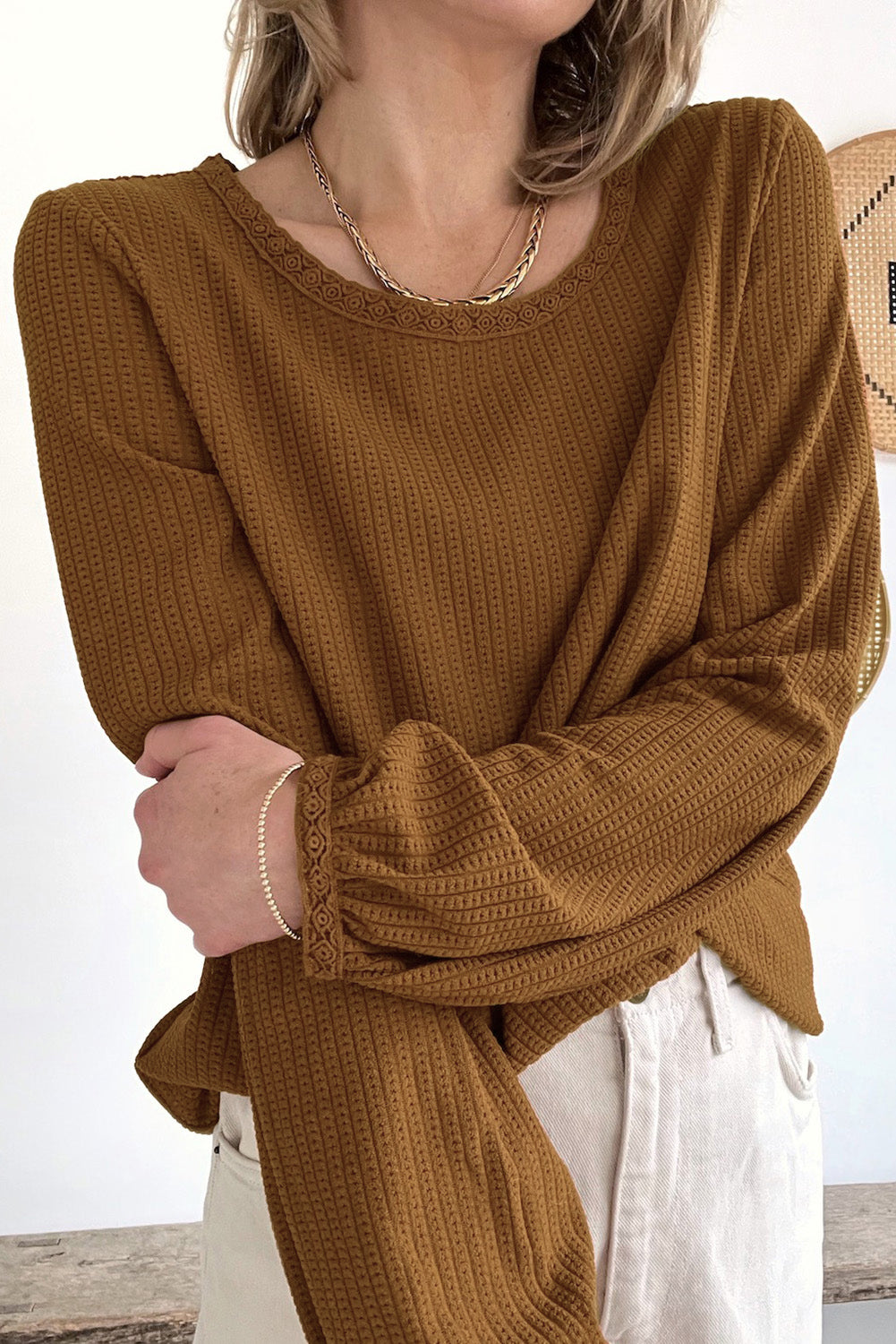 Textured Round Neck Puff Sleeve Top