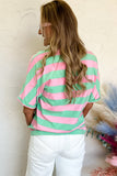 Pink Stripe Colorblock Cuffed Sleeve Loose Tee