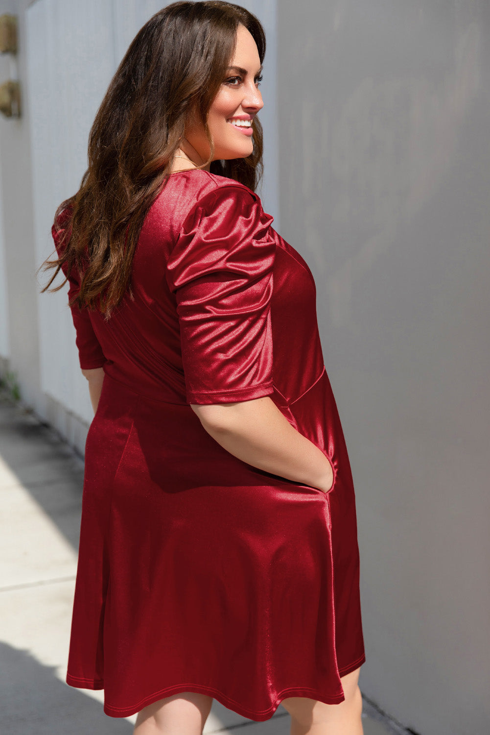 Plus Size Ruched Puff Sleeves Fit Flare Midi Dress