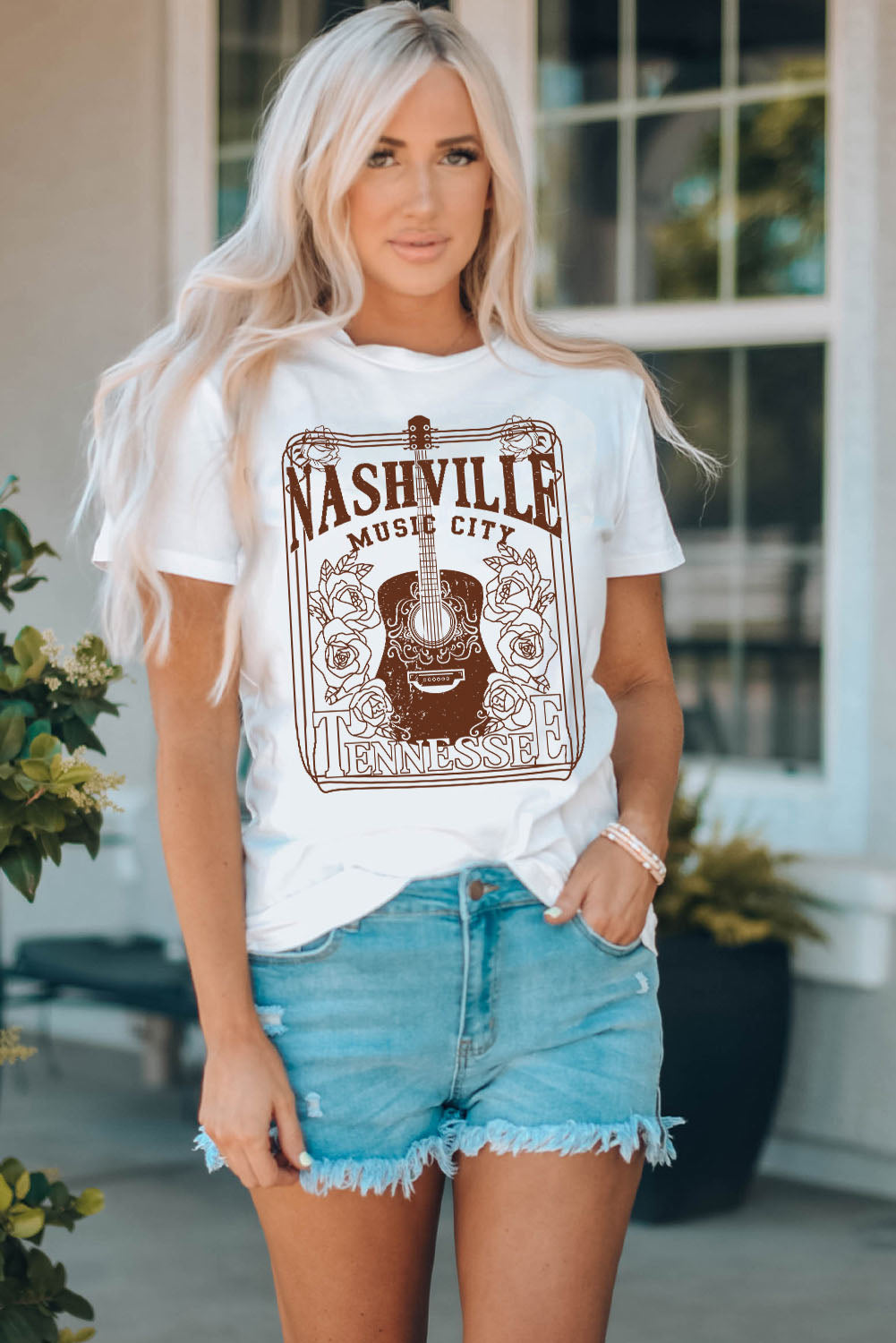 T-shirt ras du cou graphique NASHVILLE MUSIC CITY blanc