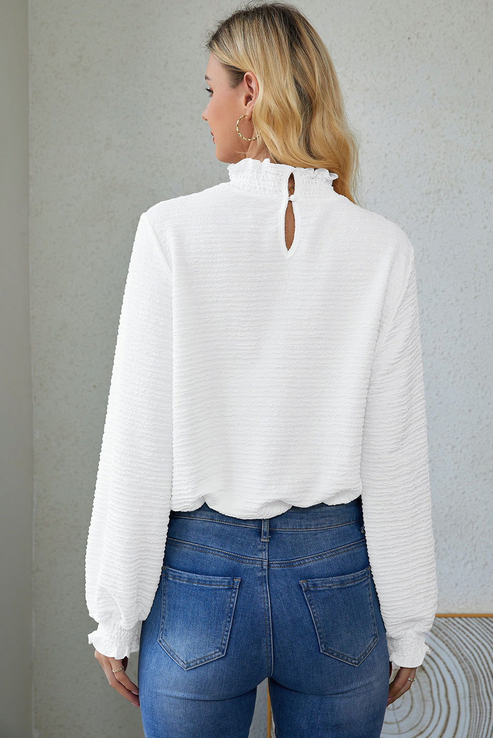 White Frilled Smocked Neck Textured Bishop Sleeve Blouse