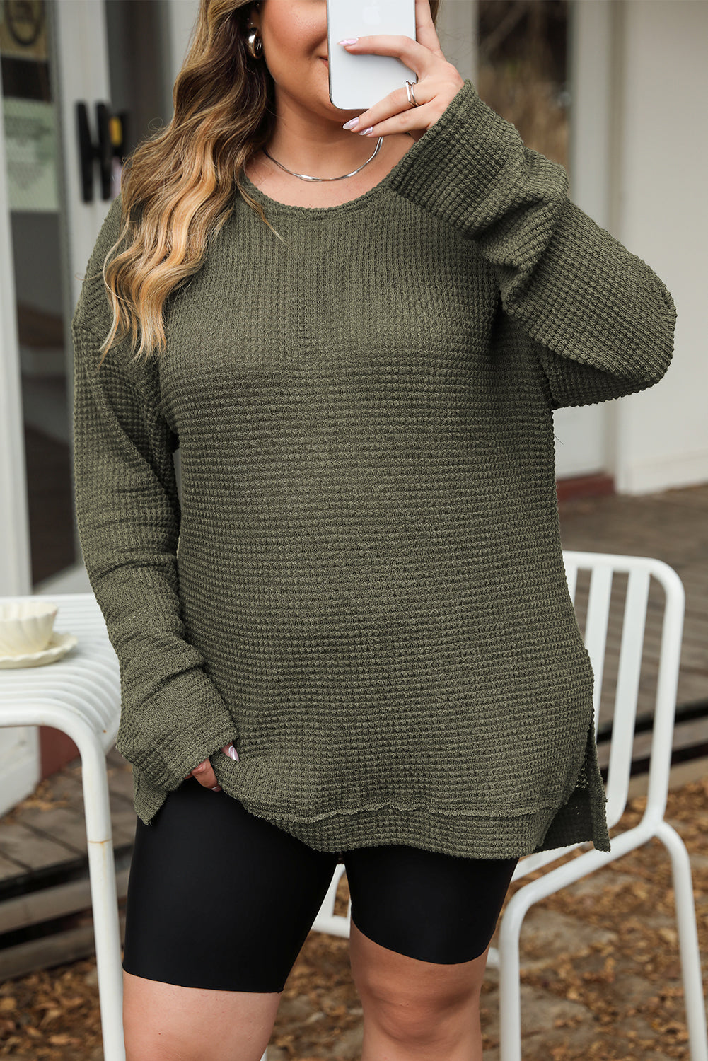 Green Waffle Knit High Slits Oversized Top