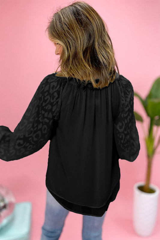 Leopard Mesh Bubble Sleeve Split Neck Blouse