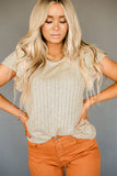 Beige Ruffled Rib Knitted Short Sleeve T Shirt