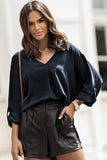 V Neck 3/4 Sleeve High Low Hem Shirt