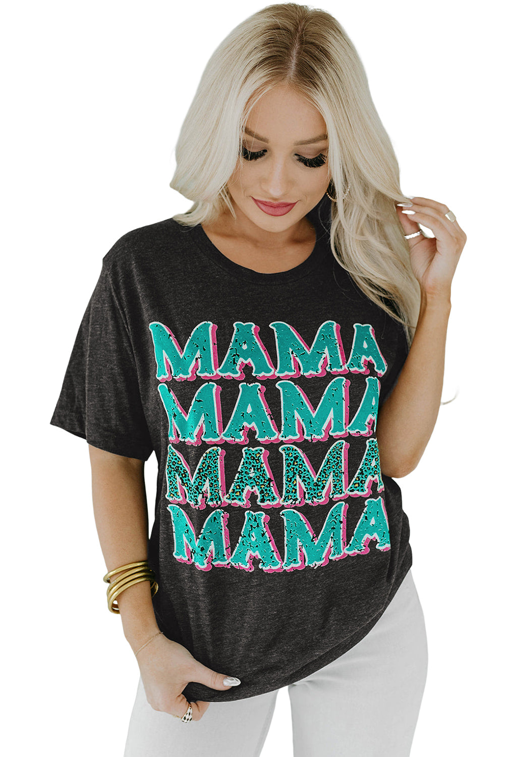 MAMA Letter Print Vintage Leopard Graphic T Shirt