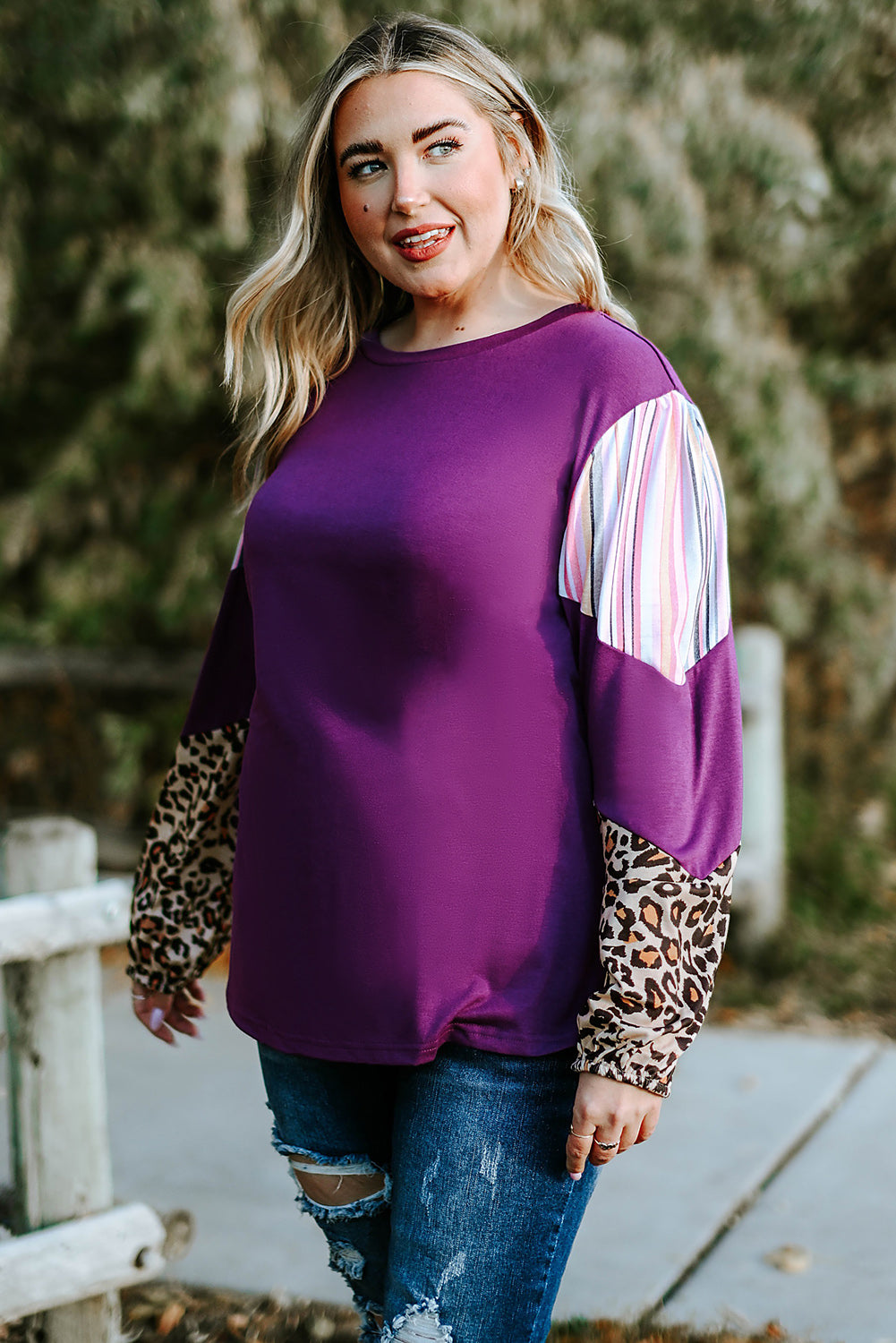 Leopard Striped Color Block Plus Size Top