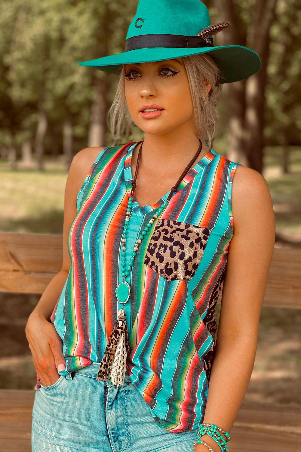 Serape Leopard Patchwork Pocket V Neck Tank Top