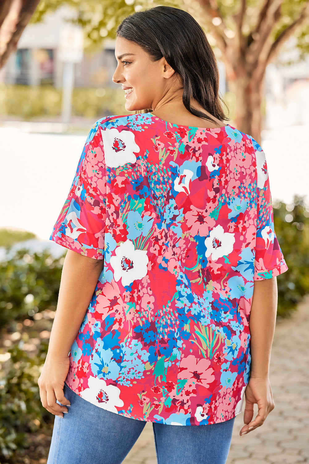 Chemisier Floral Bleu Ciel à Col en V et Manches Dolman Grande Taille