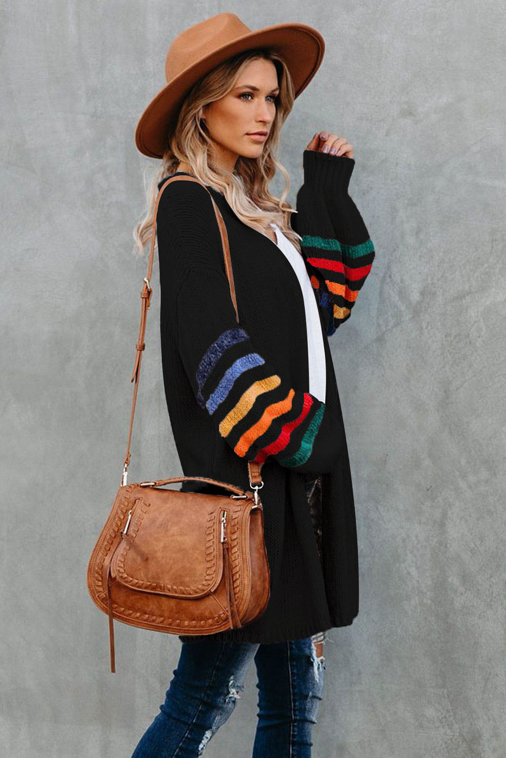 Striped Balloon Sleeve Cardigan