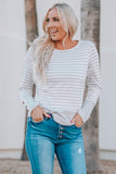 Striped Lace Buttons Splicing Long Sleeve Top