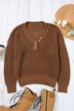 Khaki Pointelle Knit Button V Neck Drop Shoulder Sweater