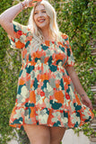 Plus Size Shirred Mixed Print Ruffle Dress