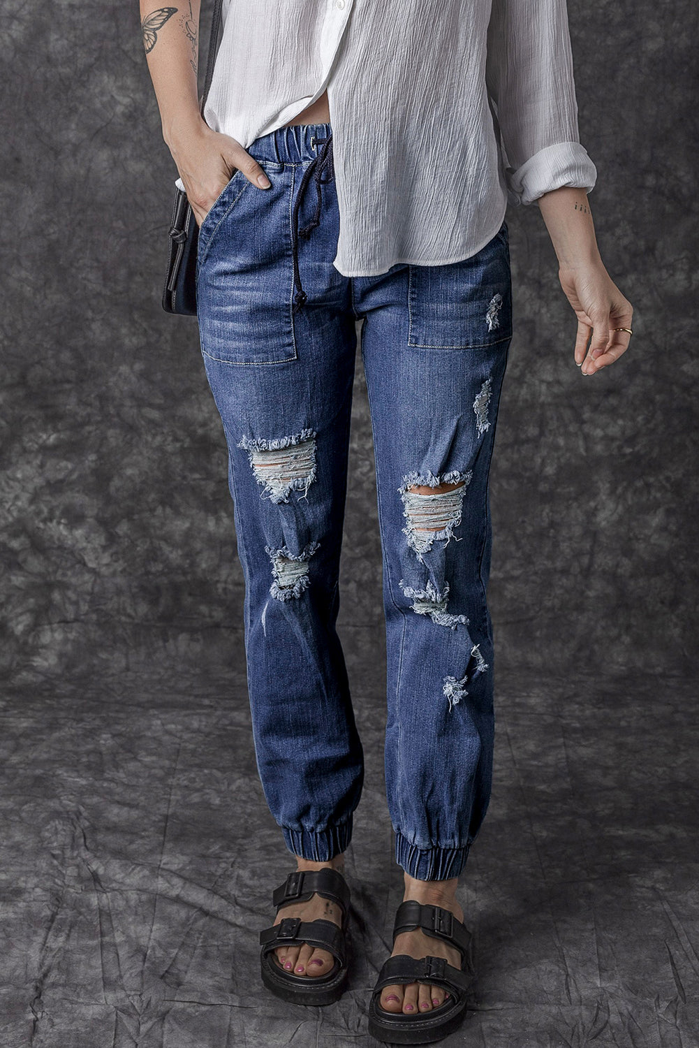 Blue Pocketed Distressed Denim Joggers