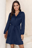 Lace Trim V Neck Tie Waist Long Sleeve Dress