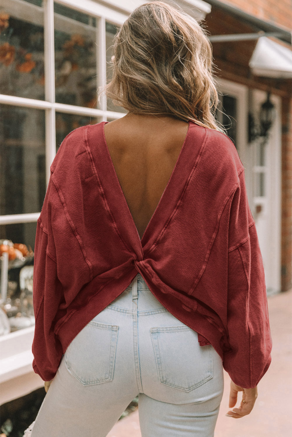 Fiery Red Exposed Seam Twist Open Back Oversized Sweatshirt