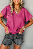 Bright Pink Crinkled V Neck Wide Sleeve T-shirt