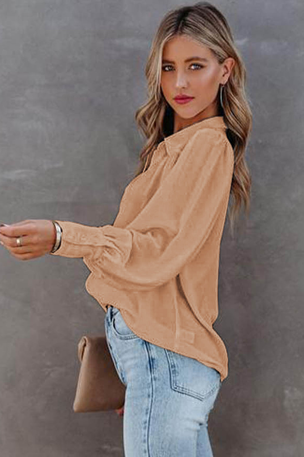 Solid Color Button Up Puff Sleeve Blouse