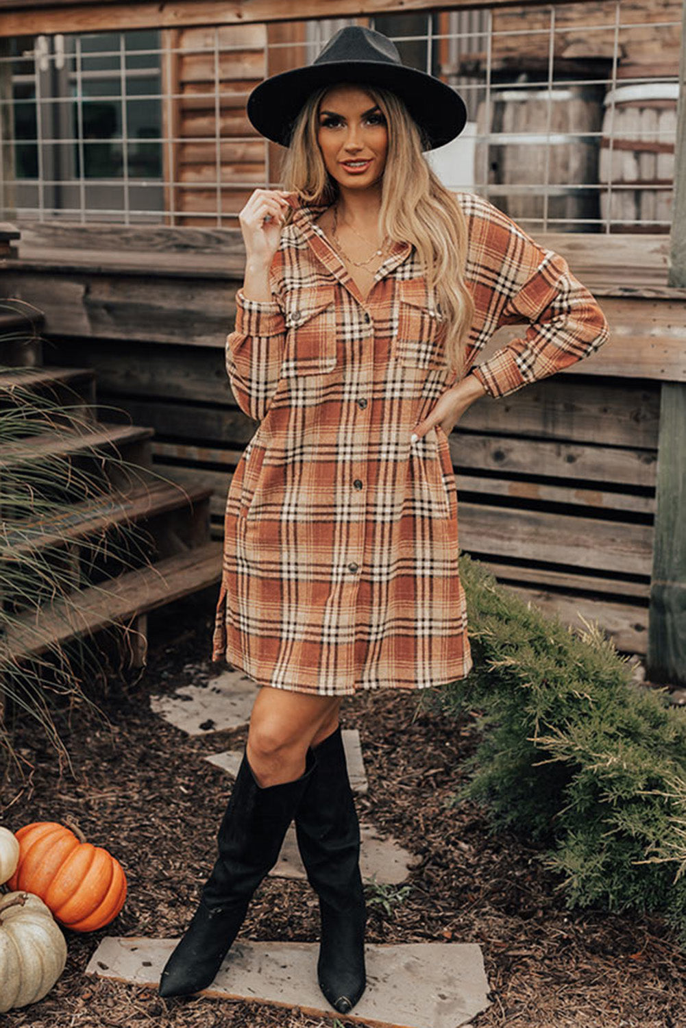 Plaid Button up Side Slit Shirt Dress