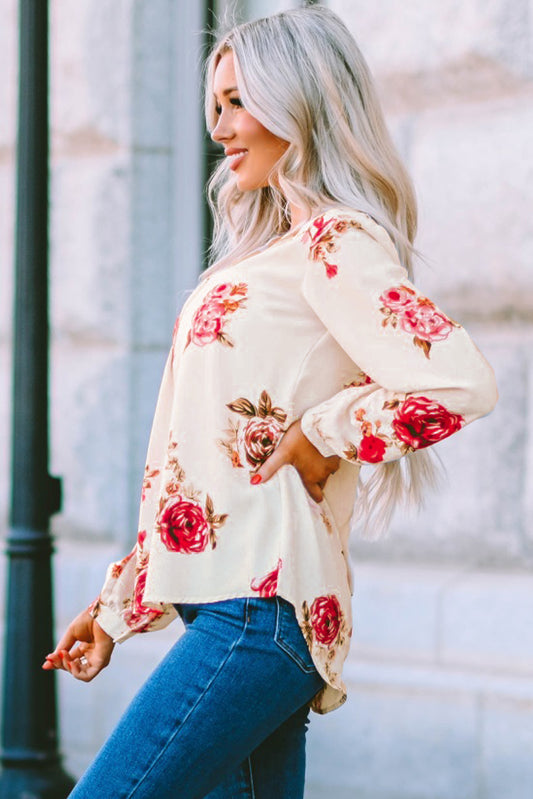 Floral Print V Neck Button Down Blouse