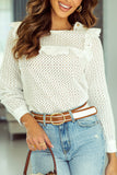 Hollowed Long Sleeve Round Neck Ruffled Blouse