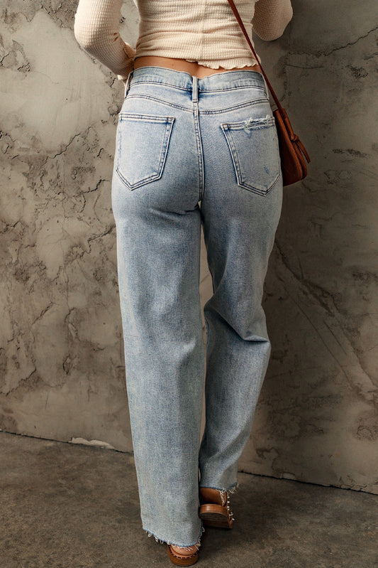 Distressed Frayed Hem Holed Straight Leg Loose Jeans