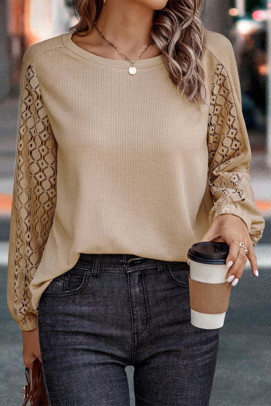 Lace Patch Sleeve Waffle Knit Top