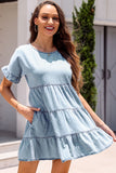 Ruffled Short Sleeves Tiered Denim Dress