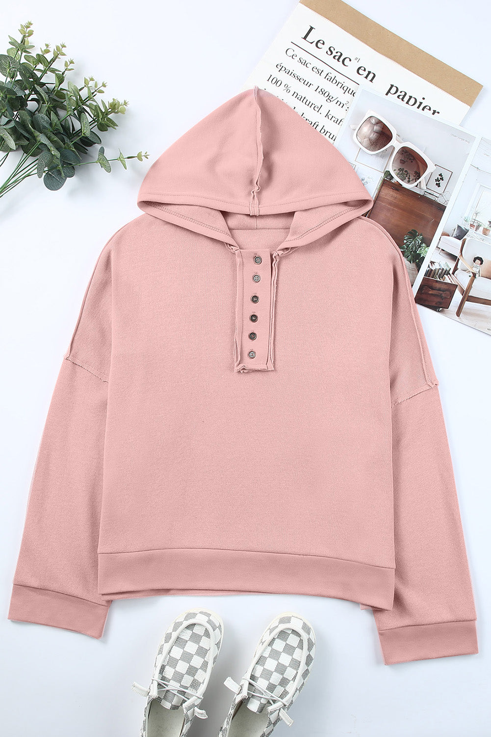 Khaki Casual Button Solid Patchwork Trim Hoodie