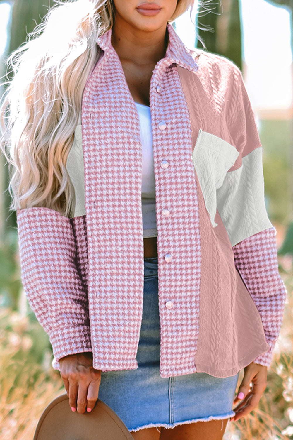 Pink Houndstooth Color Contrast Textured Patchwork Loose Shacket