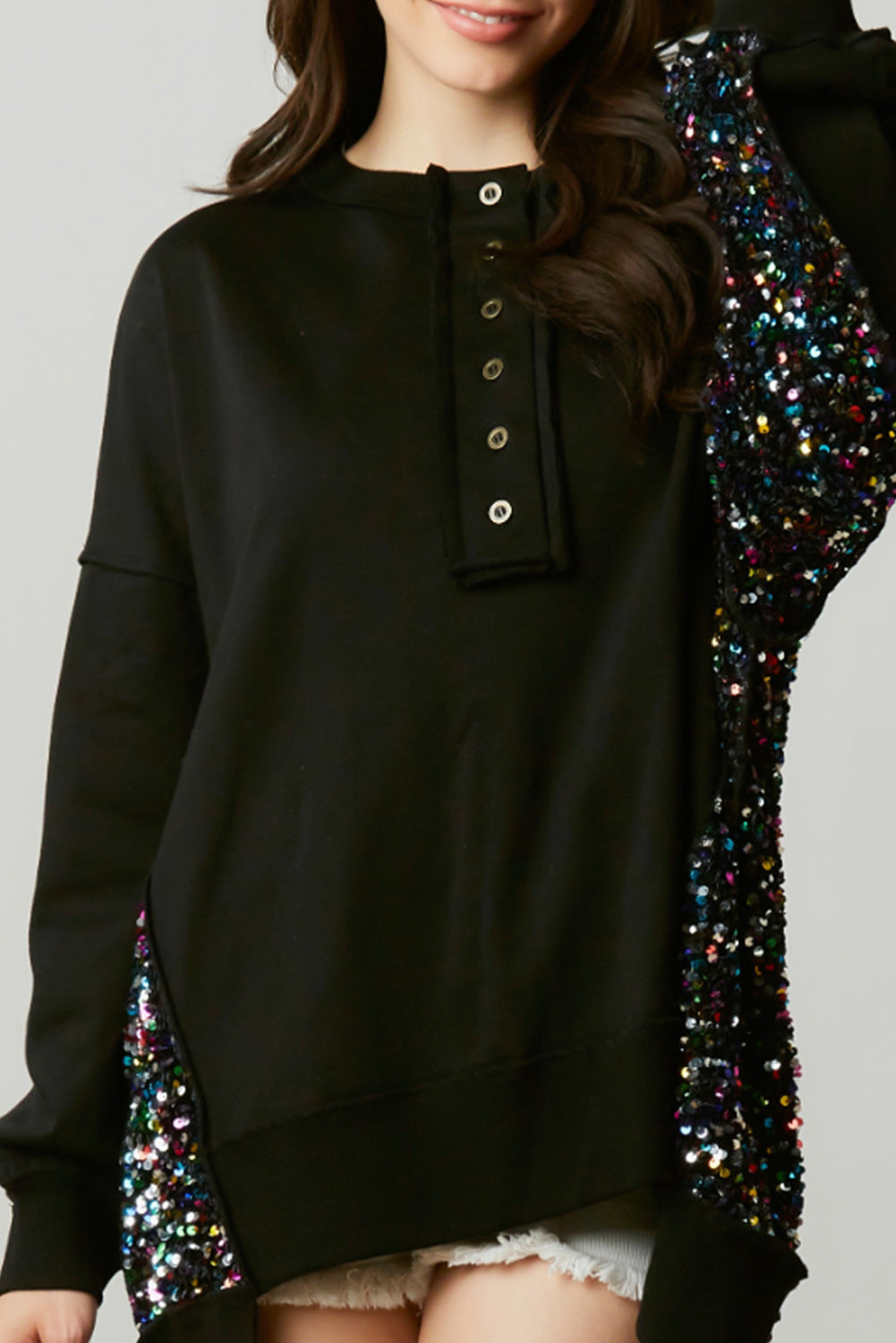 Bonbon Sequin Patchwork High Low Hem Henley Sweatshirt