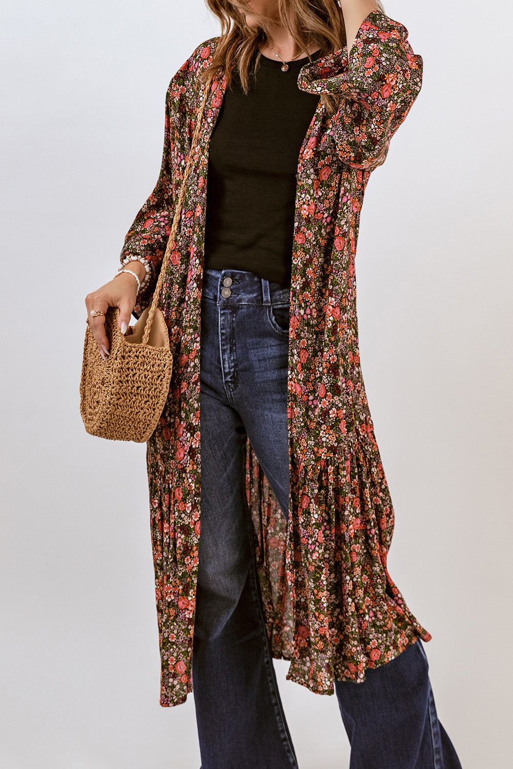 Open Front Boho Floral Print Kimono