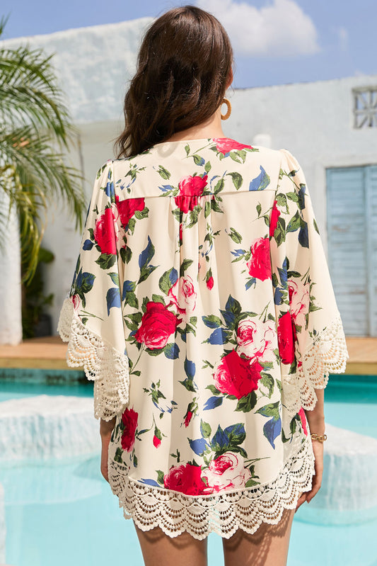 Floral Print Scalloped Lace Splicing Kimono