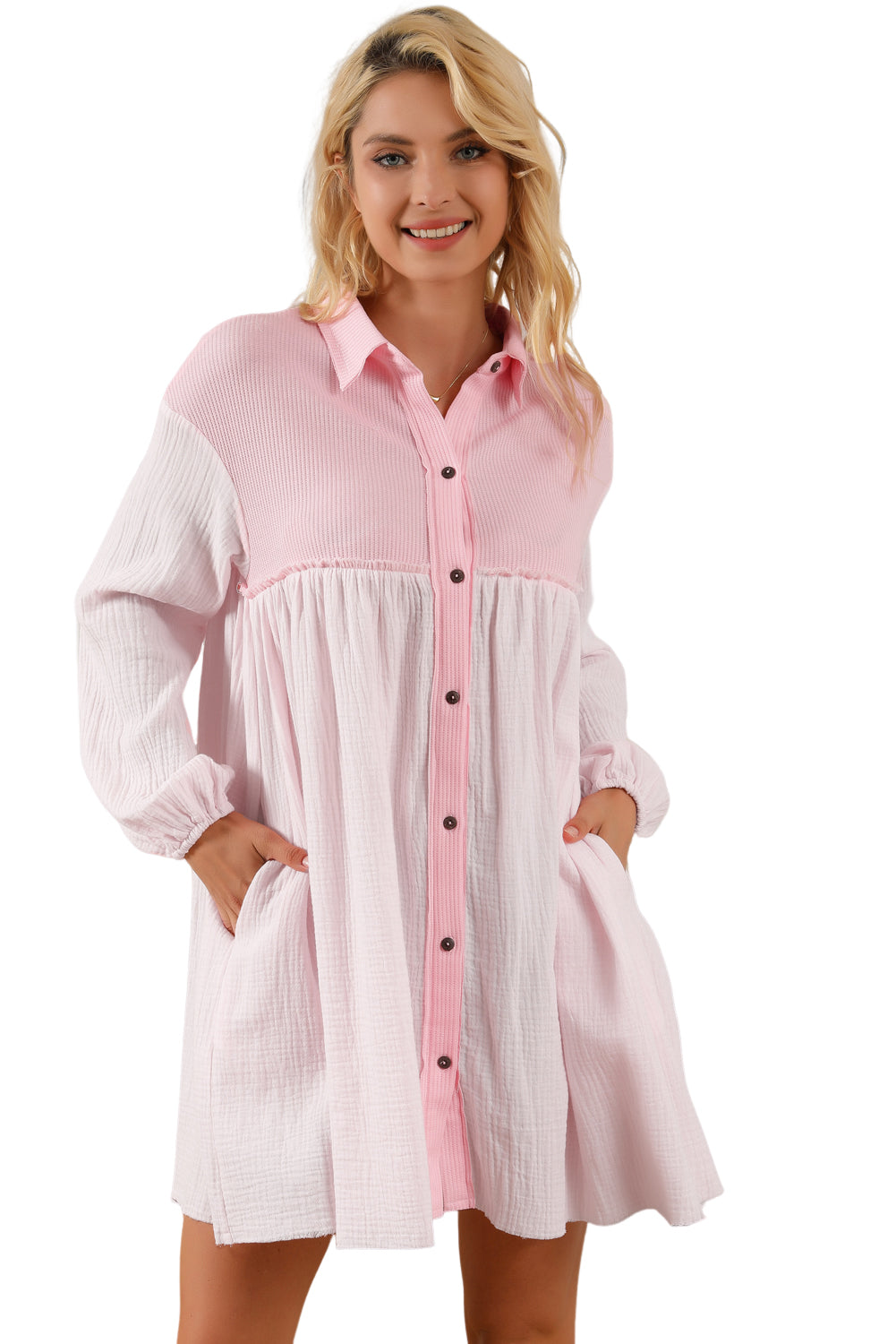 Patchwork Crinkle Puff Sleeve Shirt Dress