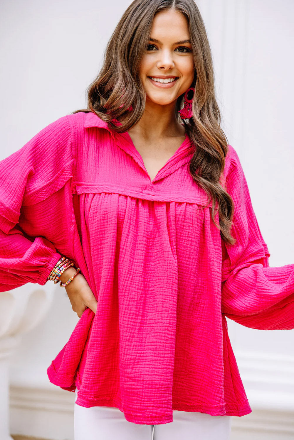 Crinkle Collared V-Neck Bubble Sleeve Flowy Blouse