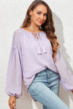 Blue Lantern Sleeve Stripe Tassel Drawstring Blouse