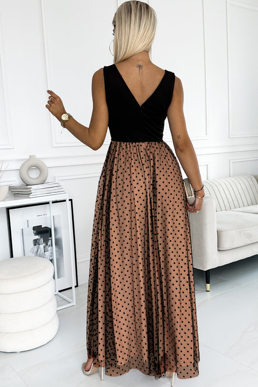 Polka Dot Mesh Overlay Sleeveless Maxi Dress