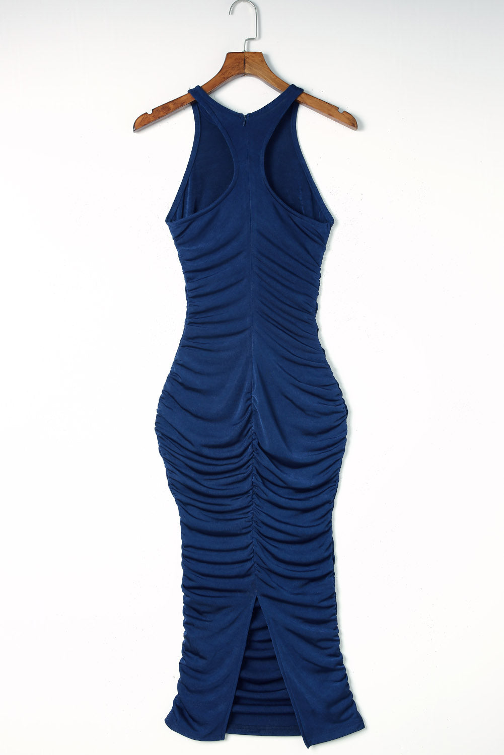 Robe mi-longue bleue en maille froncée à dos nageur